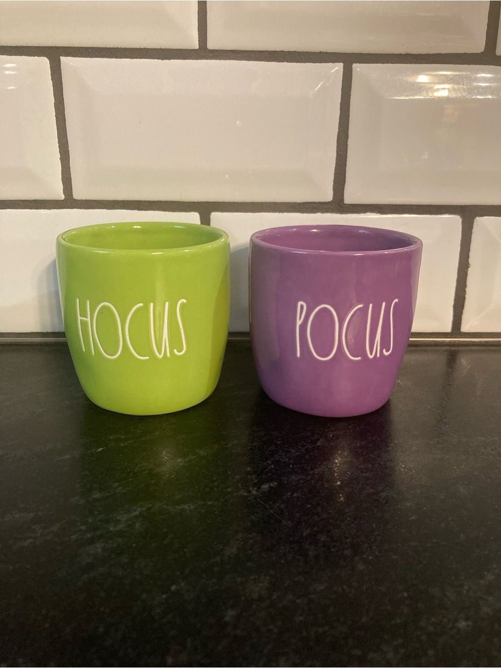 Rae Dunn HOCUS & POCUS Ceramic Mugs - Lime Green and Purple